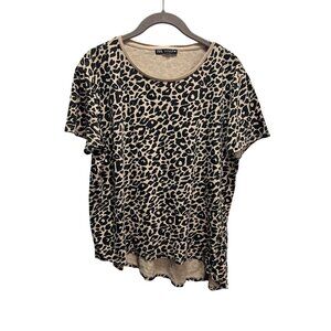 Zara Leopard Print T-Shirt Womens L Beige & Black Casual Short Sleeve